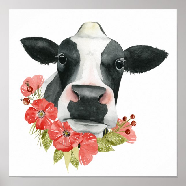 Affiche Ferme à pavot - Vache aux fleurs (Devant)
