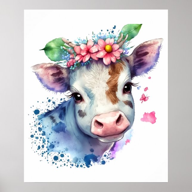 Affiche Ferme bovine Fleurs et papillons Aquarelle (Devant)