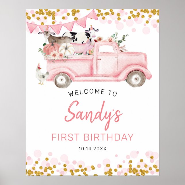 Affiche Ferme Citrouille Pink Truck Drive By Birthday Welc (Devant)