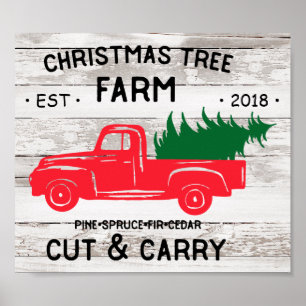 Affiche Ferme d'arbre de Noël avec Camion de ramassage rou