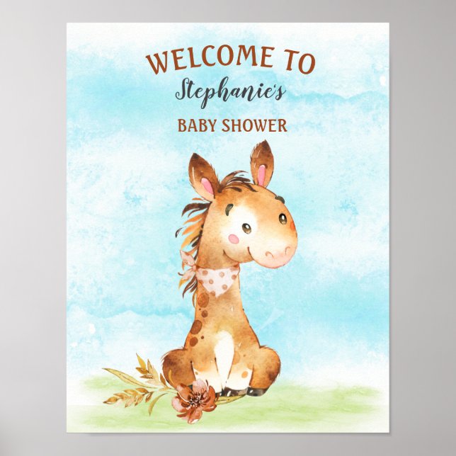 Affiche Ferme de Baby shower de Cheval Aquarelle (Devant)