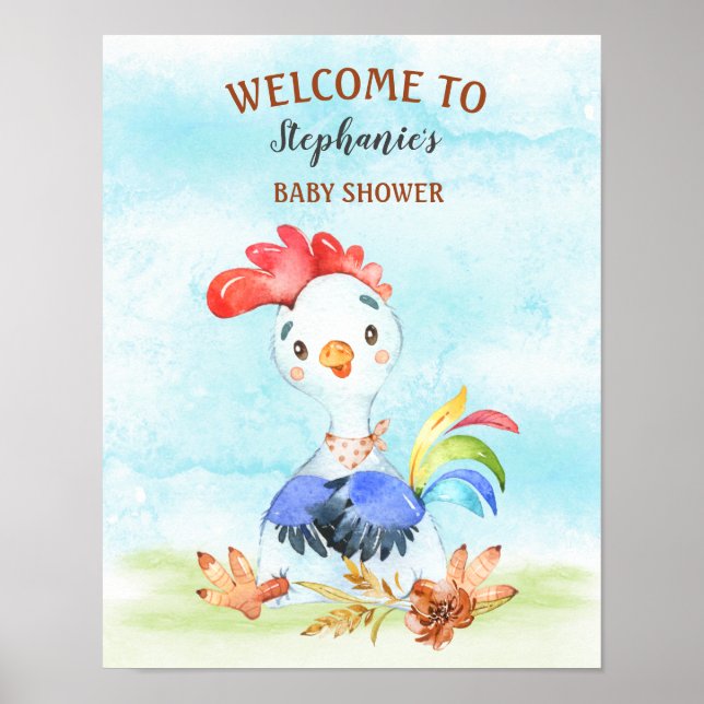 Affiche Ferme de Baby showers Watercolor Rooster (Devant)