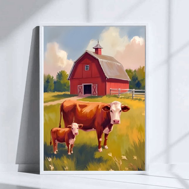 Affiche Ferme de la grange rouge animaux vache peinture (Créateur téléchargé)