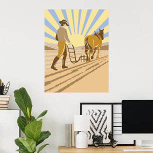 Affiche Ferme et Cheval Labourant le Champ Lever de Soleil