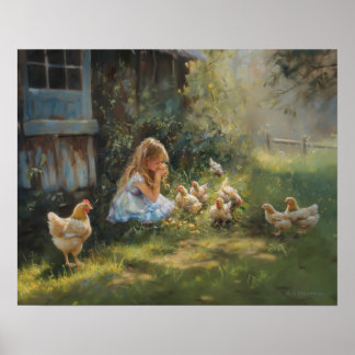 Affiche Ferme fille avec poulets Agritourisme Agritourisme