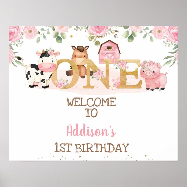 Affiche Ferme florale rose 1er anniversaire Bienvenue (Devant)