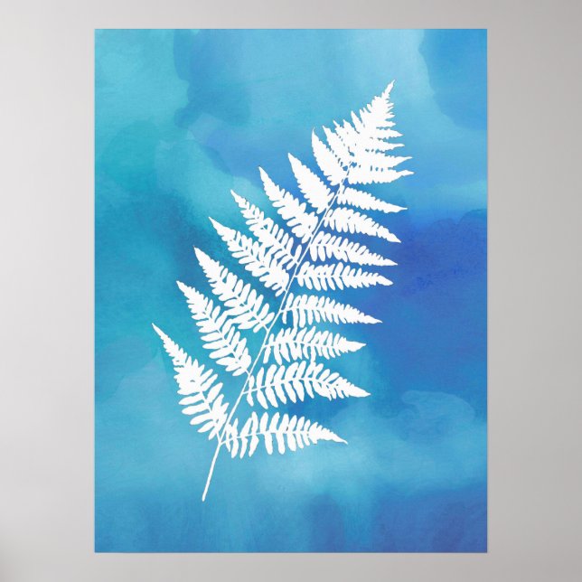 Affiche Fern Frond, Blanc sur bleu Arrière - plan Aquarell (Devant)