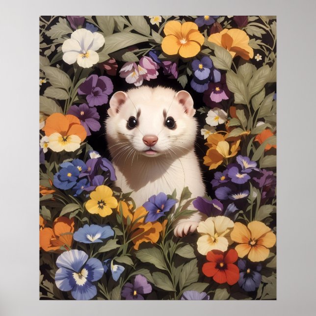Affiche Ferret Cute Niché Dans Le Jardin De Pansies (Devant)