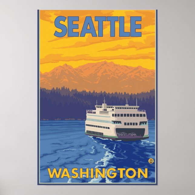 Affiche Ferry and Mountains - Seattle, Washington (Devant)