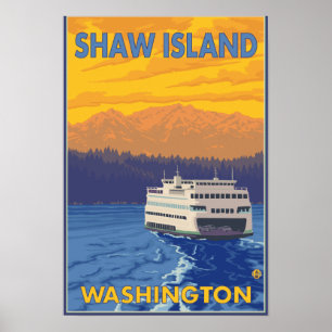 Affiche Ferry and Mountains - Shaw Island, Washington
