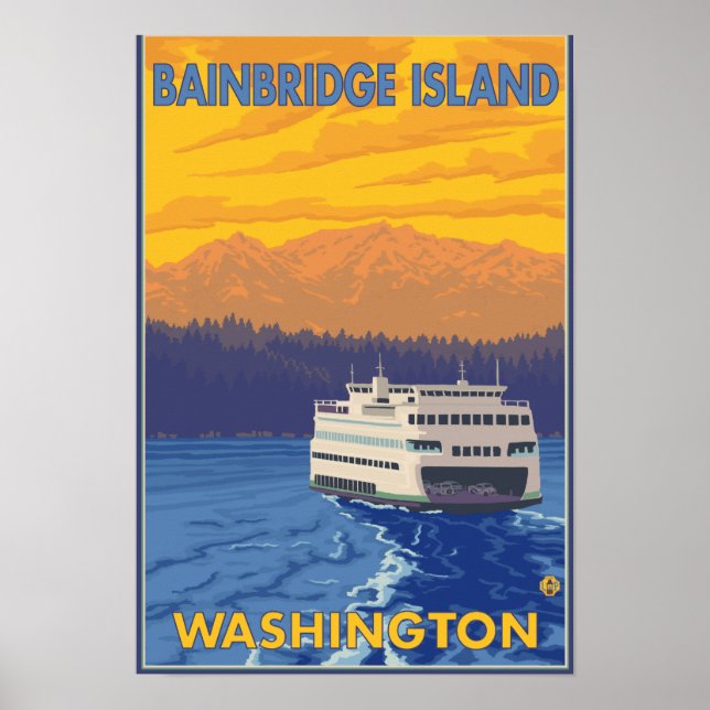 Affiche Ferry et montagnes - Bainbridge Island, WA (Devant)