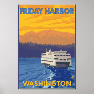 Affiche Ferry et montagnes - port de vendredi, Washington
