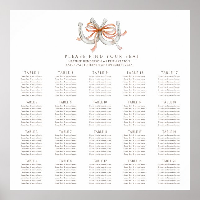 Affiche Fers à cheval rubans orange 20 tables mariage auto (Devant)
