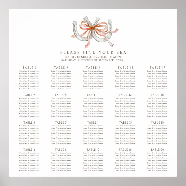 Affiche Fers à cheval rubans orange 20 tables mariage auto (Devant)