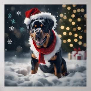 Affiche Festif chien Rottweiler de Noël avec chapeau de Pè