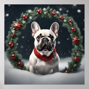 Affiche Festif de Noël français Bulldog avec couronne