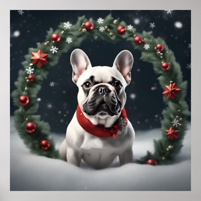 Affiche Festif de Noël français Bulldog avec couronne (Devant)
