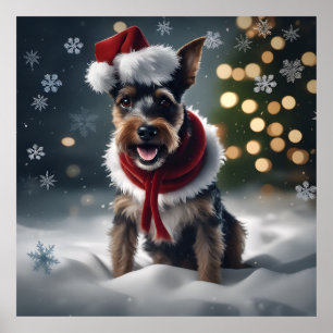 Affiche Festif de Noël mignon Terrier Chien avec chapeau d