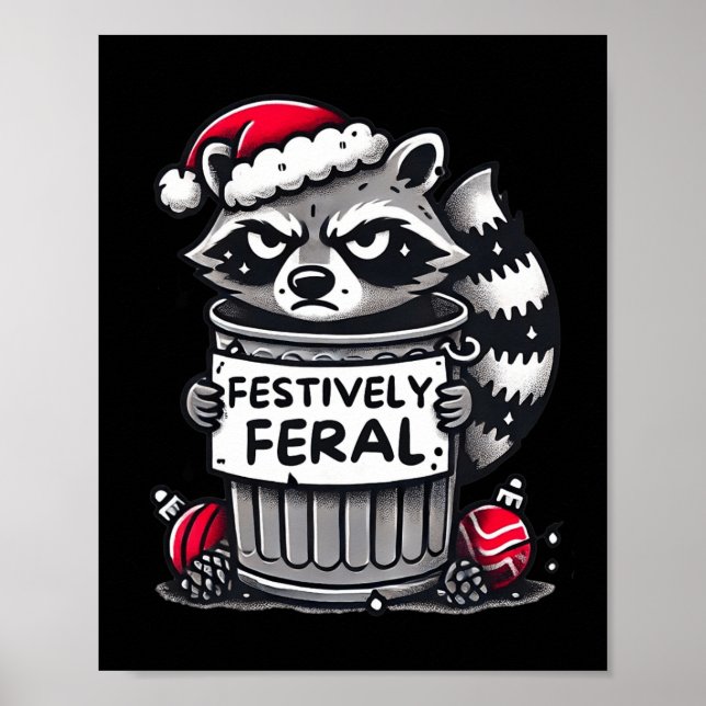 Affiche Festif Feral Raccoon Noël Funny Holiday An (Devant)