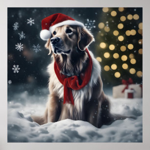 Affiche Festif Noël Golden Retriever avec Santa Hat