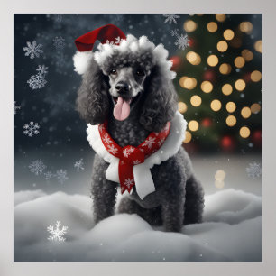 Affiche Festif Poodle Noir Noël Chien De Vacances En Neige