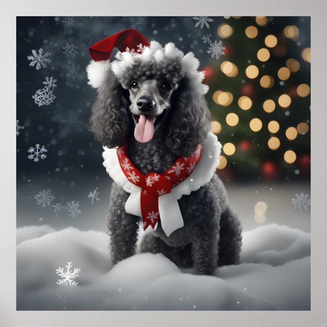 Affiche Festif Poodle Noir Noël Chien De Vacances En Neige (Devant)