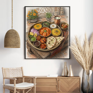 Affiche Festin traditionnel indien Thali - Croquis coloré
