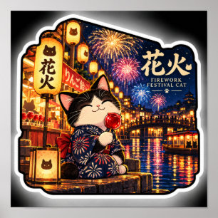 Affiche Festival de Feux d'Artifice Chat Nuit d'Été Japona