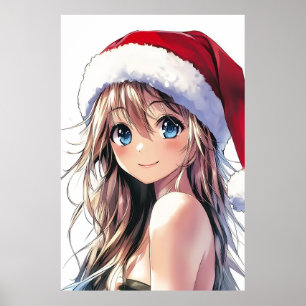 Affiche Festive Anime Girl Santa Hat avec yeux bleu clair