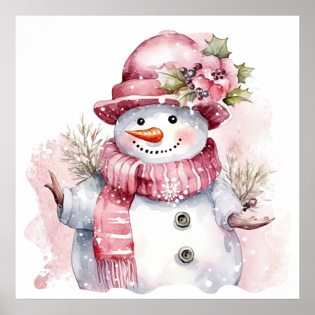 Affiche Festive femme de neige rose de Noël (Devant)