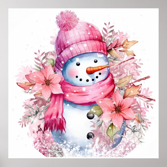 Affiche Festive femme de neige rose de Noël (Devant)