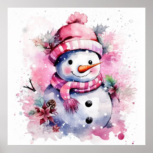 Affiche Festive femme de neige rose de Noël (Devant)