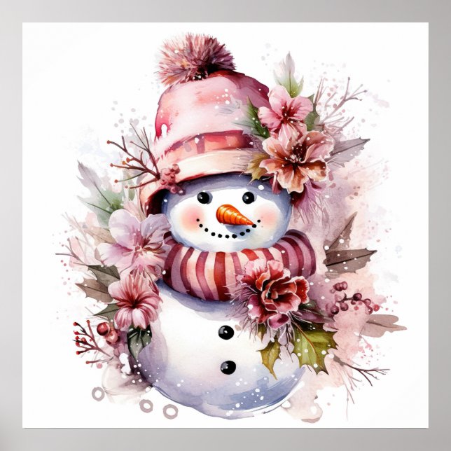 Affiche Festive femme de neige rose de Noël (Devant)