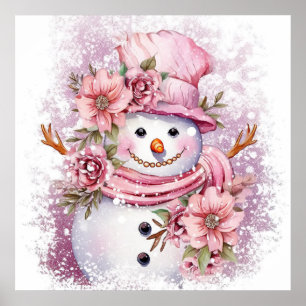 Affiche Festive femme de neige rose de Noël