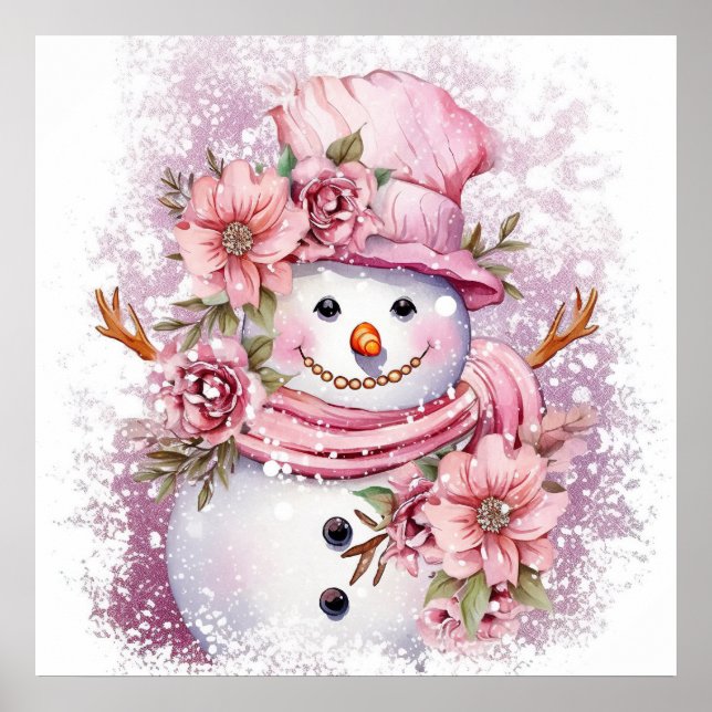 Affiche Festive femme de neige rose de Noël (Devant)