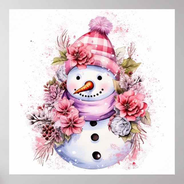 Affiche Festive femme de neige rose de Noël (Devant)