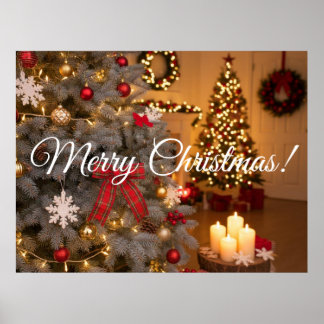 Affiche Festive fir trees decorated with garlands