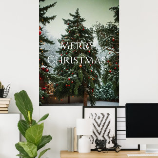 Affiche Festive fir trees decorated with garlands 