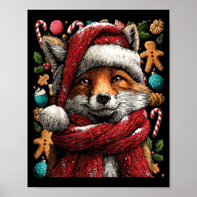 Affiche Festive Fox With Snow Santa Hat Winter Christmas A (Devant)