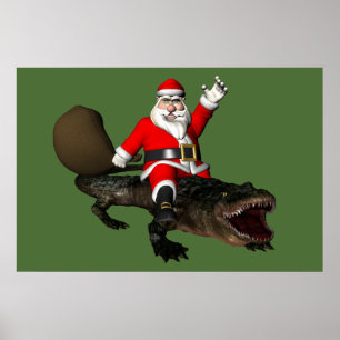 Affiche Festive Santa Claus Riding An Alligator
