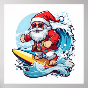 Affiche Festive Santa Claus surfant Vagues de Noël