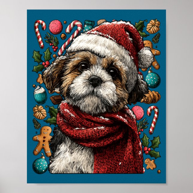 Affiche Festive Shih Tzu With Santa Hat Snowy Winter Chris (Devant)