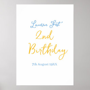 Affiche fête 2e anniversaire nom date jaune bleu boho enfa