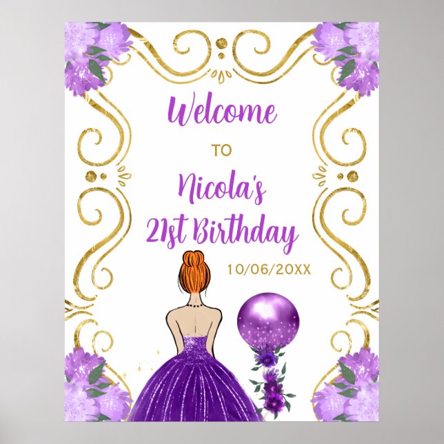 Affiche Fête Anniversaire Red Hair Princess Purple Bienven (Devant)