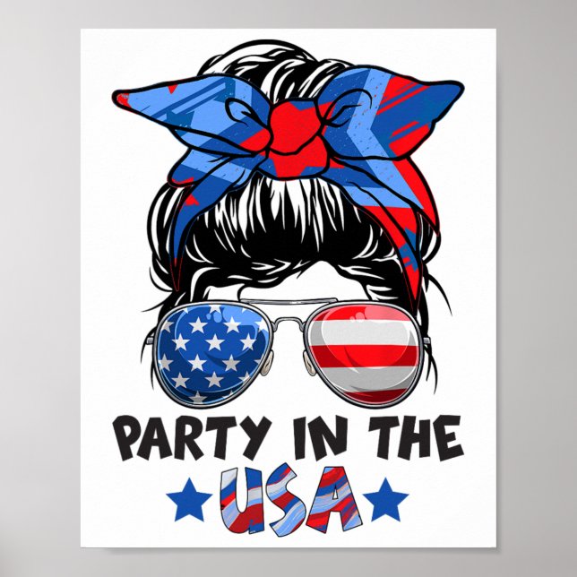Affiche Fête Aux États-Unis Messy Bun Cheveux Drapeau Amér (Devant)