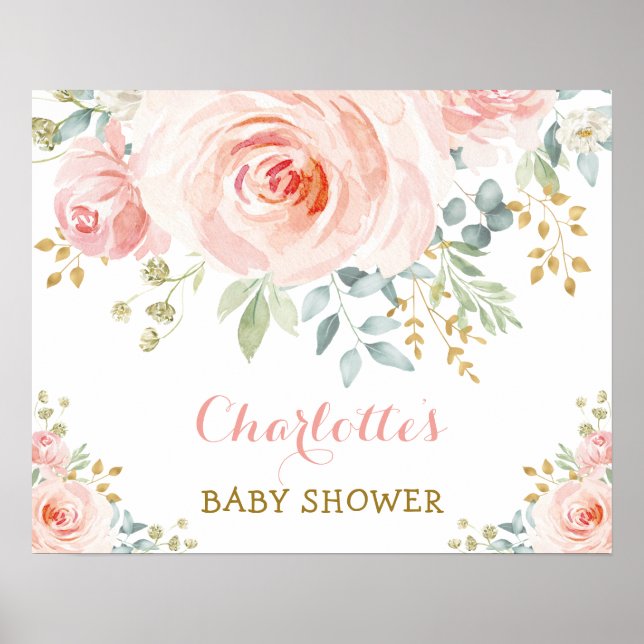 Affiche Fête Baby Shower Fleurs de Rosier Aquarelle Rose C (Devant)