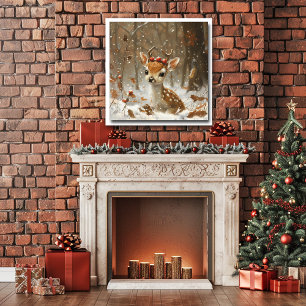 Affiche Fête Baies Rouges Forêt de Neige Chute Feuilles