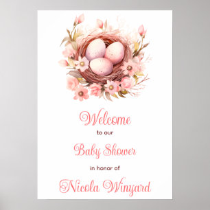 Affiche Fête bébé nid d'oiseaux de printemps