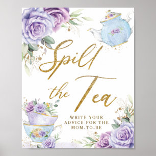 Affiche Fête bébé thème thé floral violet Spill The Tea