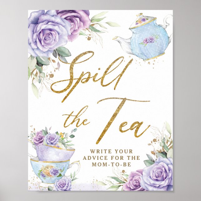 Affiche Fête bébé thème thé floral violet Spill The Tea (Devant)